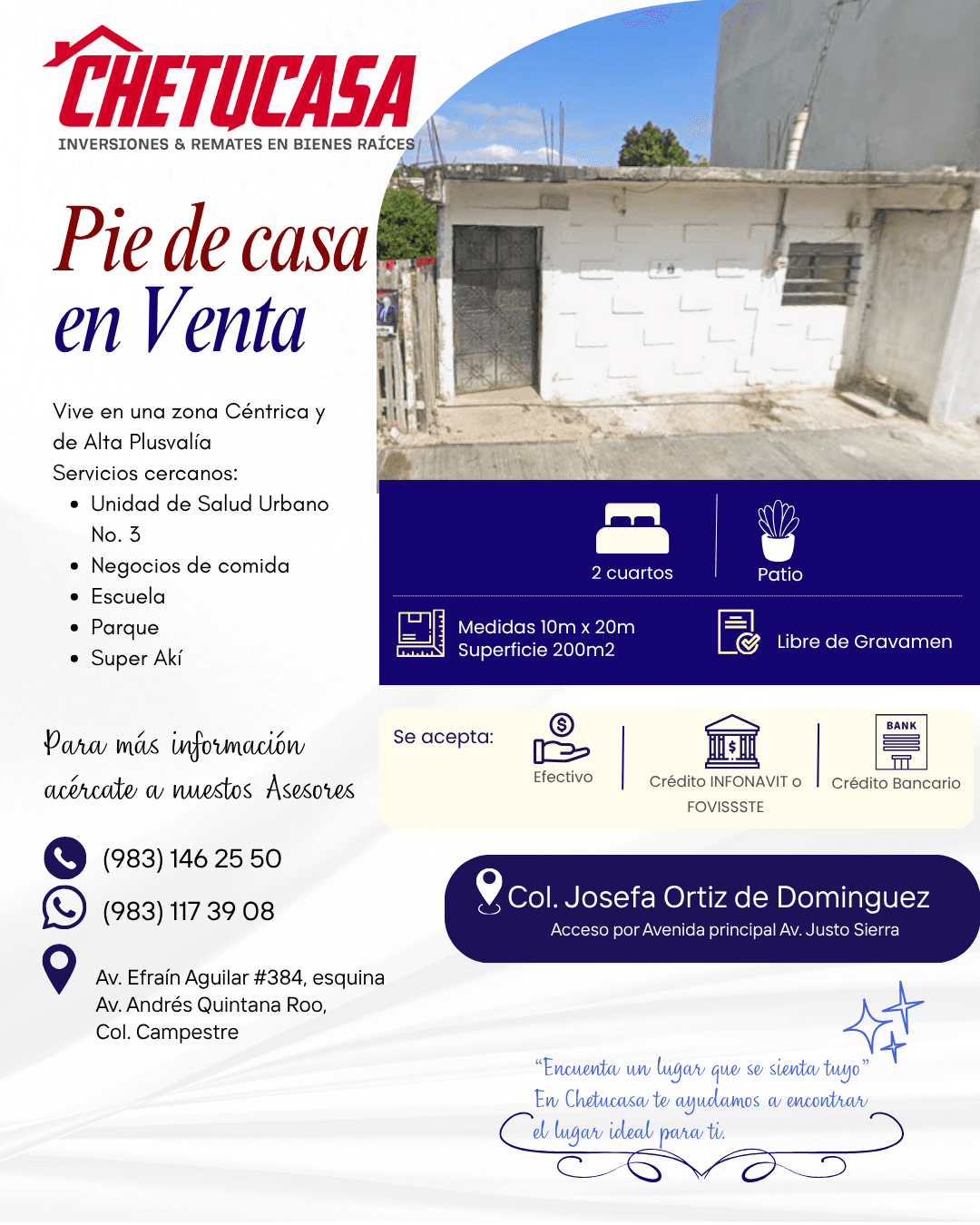 Pie de casa en venta en Col. Josefa Ortiz de Dominguez, Chetumal
